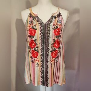 Vibrant Floral Embroidered Striped Tank Top Multicolor Women's Size Small